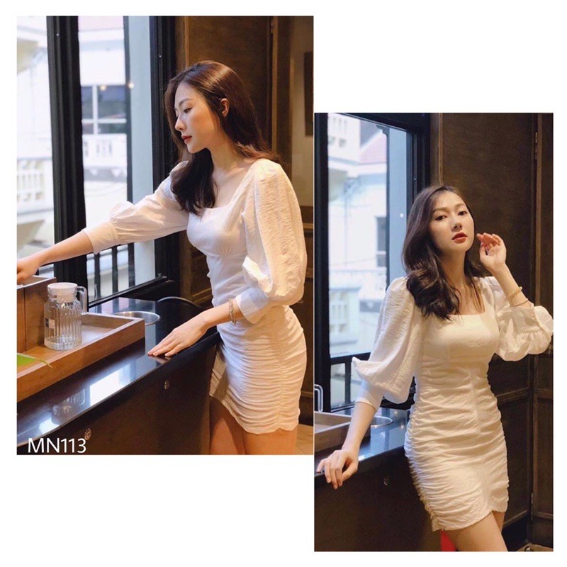 Đầm trắng cổ vuông tay phồng dáng ôm chất liệu đũi cao cấp 100% hàng giống mẫu - MN113 | BigBuy360 - bigbuy360.vn