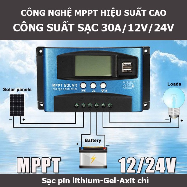 Bộ điều khiển sạc pin năng lượng mặt trời MPPT 30A hiệu suất cao tự nhận bình