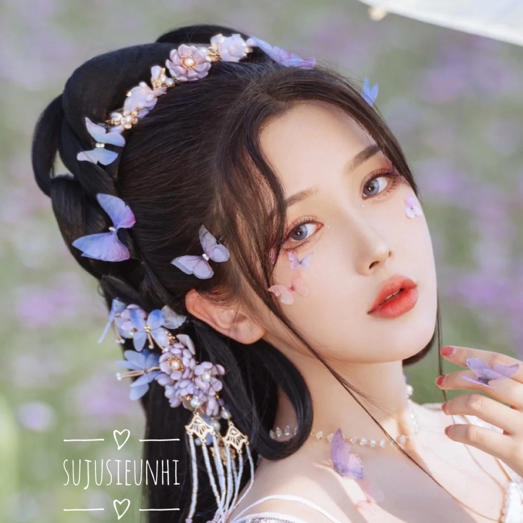 1 con bướm vải voan 4 lớp makeup trang điểm, dính mặt, tóc trang trí, phụ kiện chụp ảnh