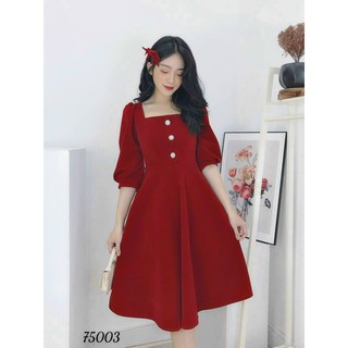 Đầm xòe cổ vuông phối nút siêu hot