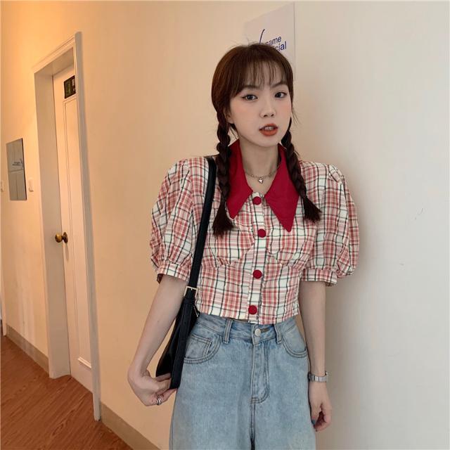 Áo Sơ Mi Tay Ngắn Phồng Cổ Búp Bê Họa Tiết Kẻ Sọc Thời Trang Mùa Hè 2022 Mới Phong Cách Hàn Quốc Cho Nữ