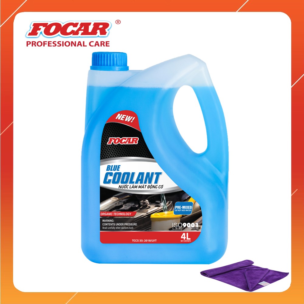 Nước làm mát động cơ ô tô màu xanh Focar Blue Coolant 4L + Khăn lau nội thất Microfiber