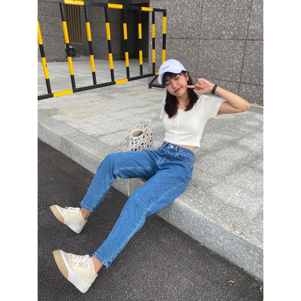Quần Mom Jeans Nữ Lưng Cao Màu Xanh đậm LDM-103C