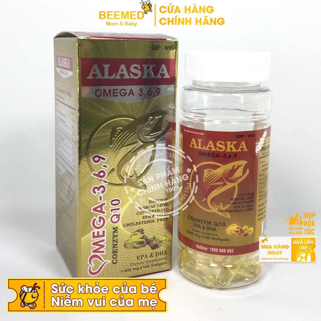 Dầu cá Alaska Hộp 100v bổ sung Omega 3 6 9, DHA EPA, có thêm dầu hoa anh thảo và coenzym q10, bổ mắt và tim mạch