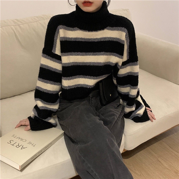 COZOK Áo len cổ cao họa tiết kẻ sọc phong cách Vintage