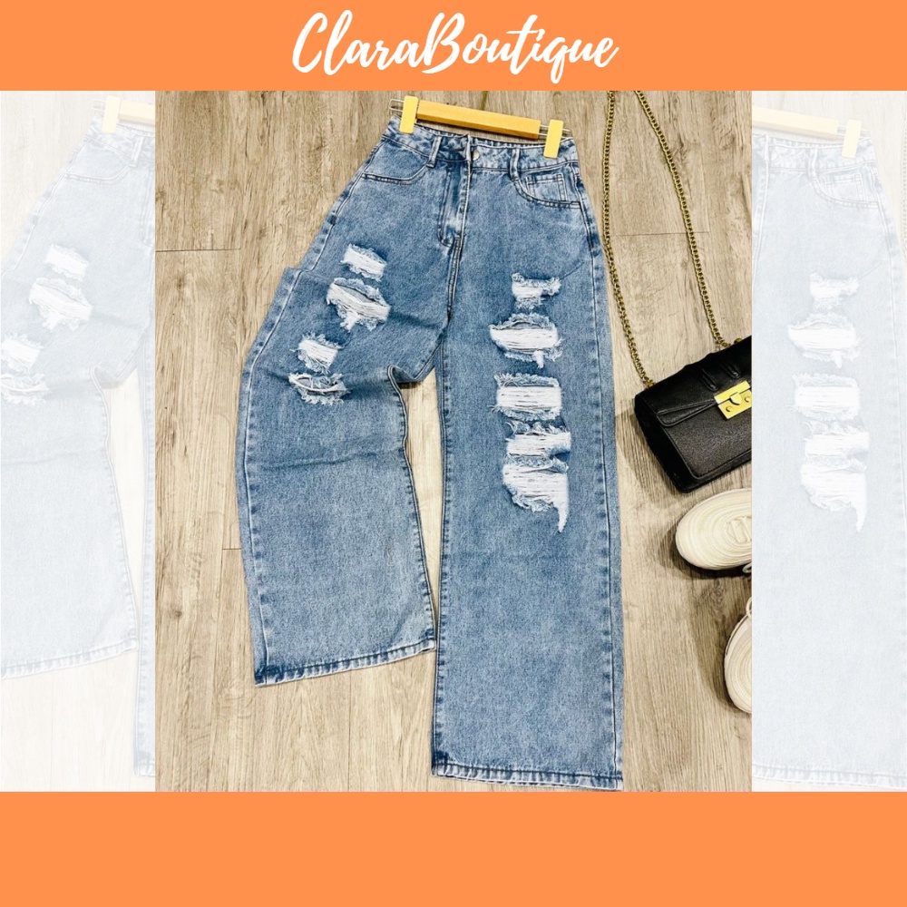 Quần jeans baggy nữ, quần bò baggy nữ ống rộng kiểu rách chất không co dãn size S M L SKUQ-10