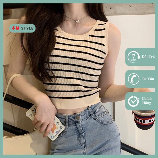 Áo cadigan croptop nữ FM Style sát nách cổ tròn phối hoạ tiết sọc ngang chất len dệt kim thời trang ulzzang 207090077