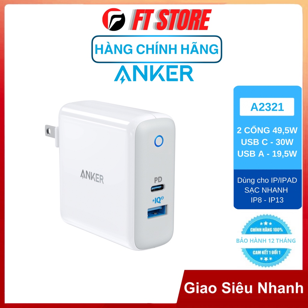 Củ sạc nhanh Anker A2321 2 cổng (USB A + Type C) Chuẩn PD hỗ trợ iphone 13, ipad, Macbook
