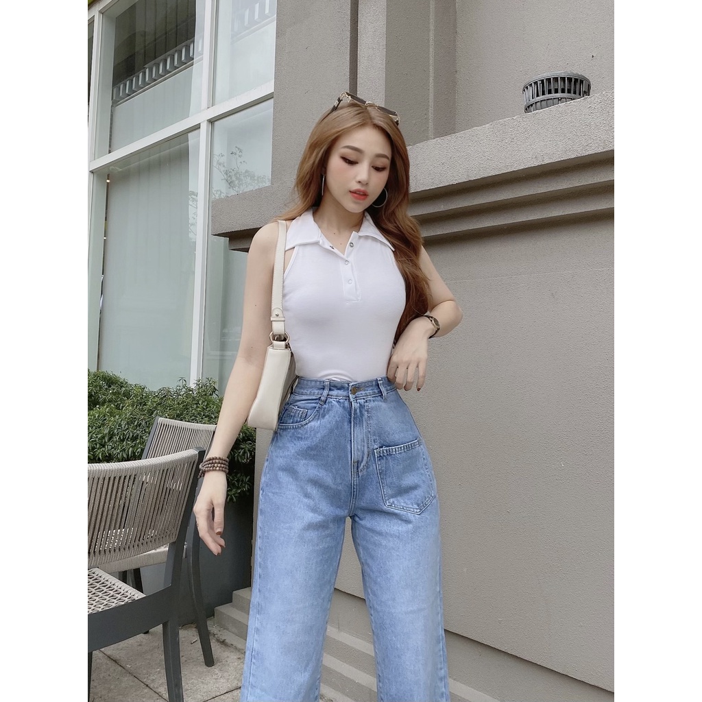 Quần jean ống suông  nữ CRAZYTEEN phối túi con phong cách cá tính  K0117