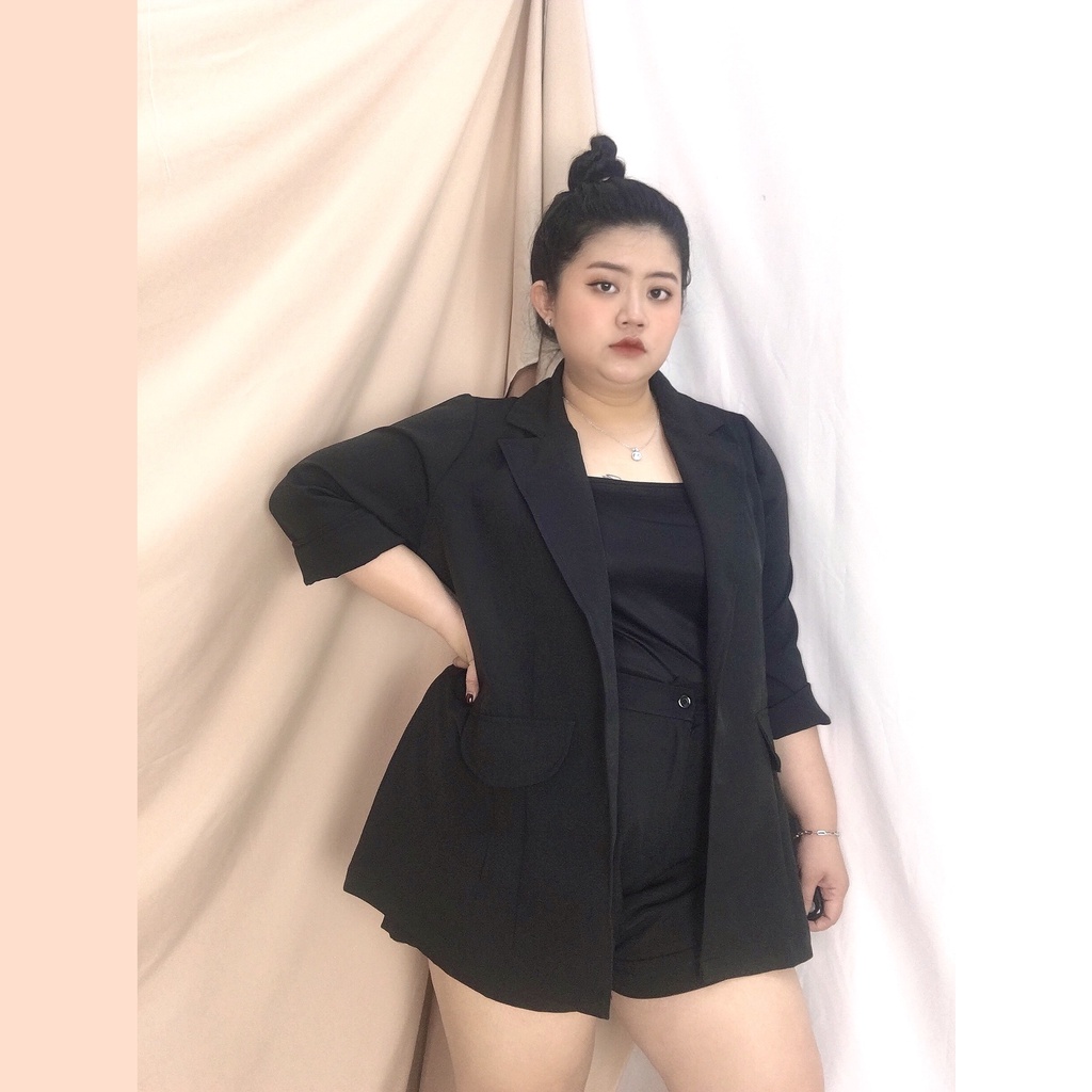 Sét bộ 3 món áo 2 dây và áo vest ngoài dài tay kèm quần đùi ống rộng bigsize, thời trang nữ sang chảnh