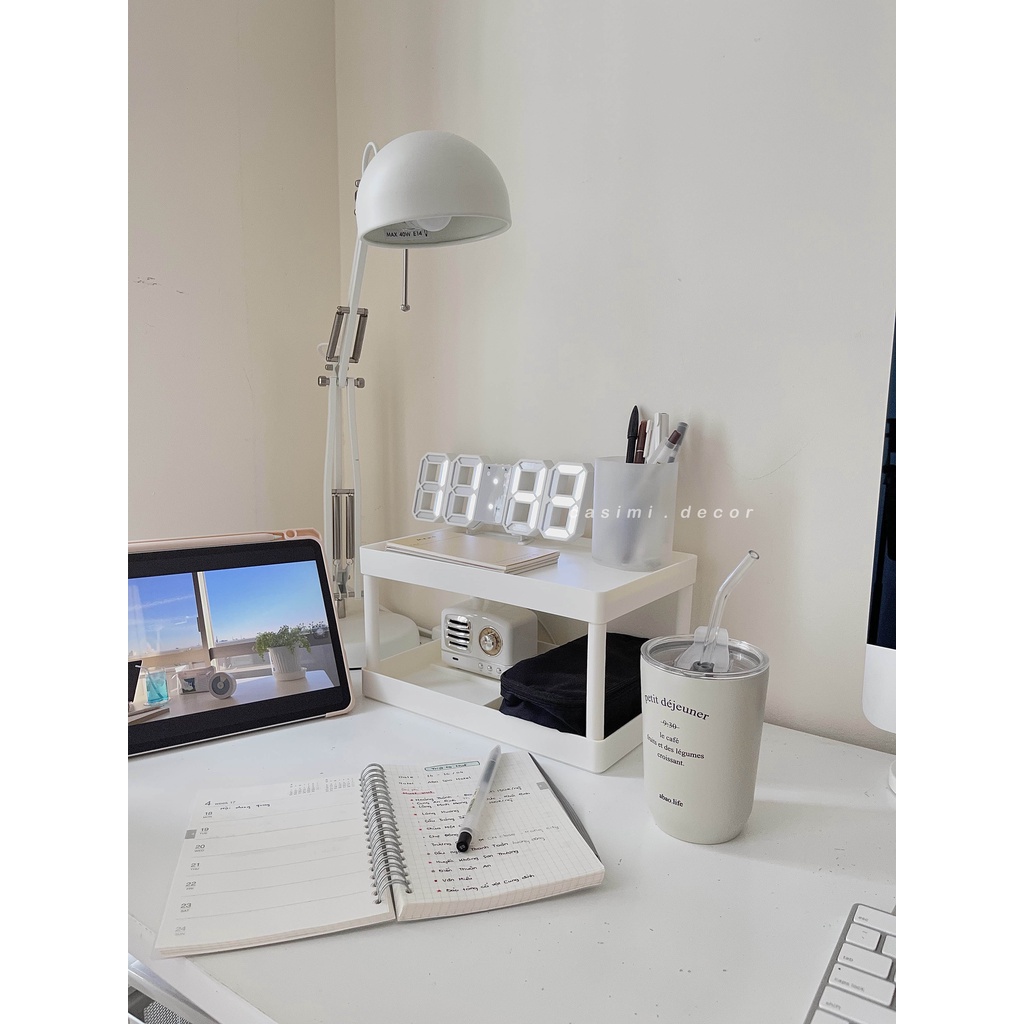 Kệ nhựa trắng 2 tầng viền inox để bàn đựng đồ đa năng, đựng mỹ phẩm trang điểm tiện dụng Casimi Decor