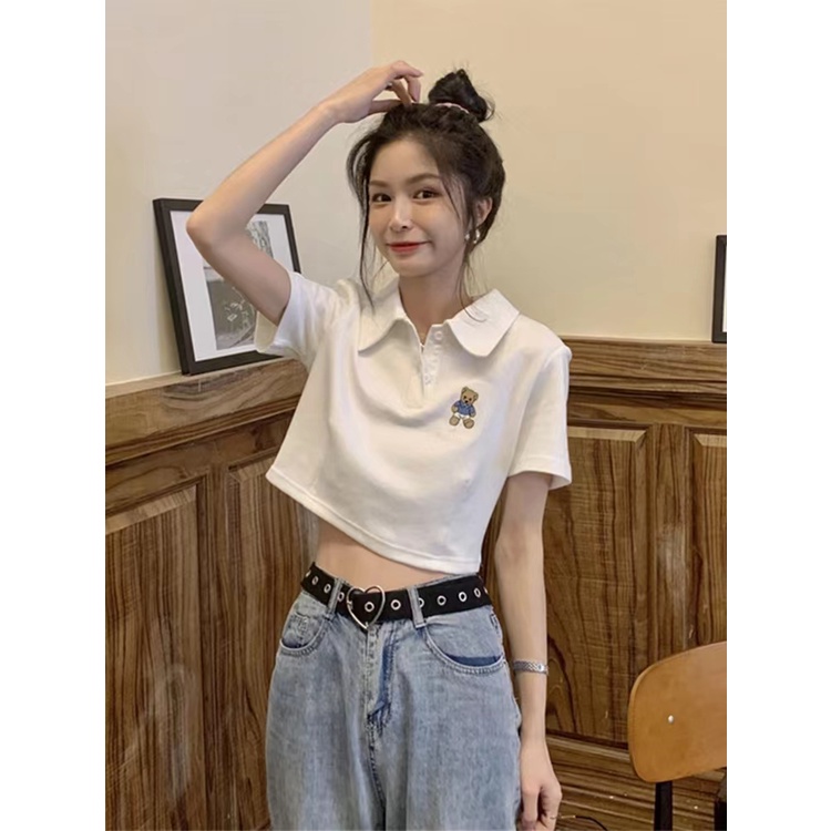 Áo Thun polo Tay Ngắn Dáng Rộng In Hình Gấu Dễ Thương Cho Nữ