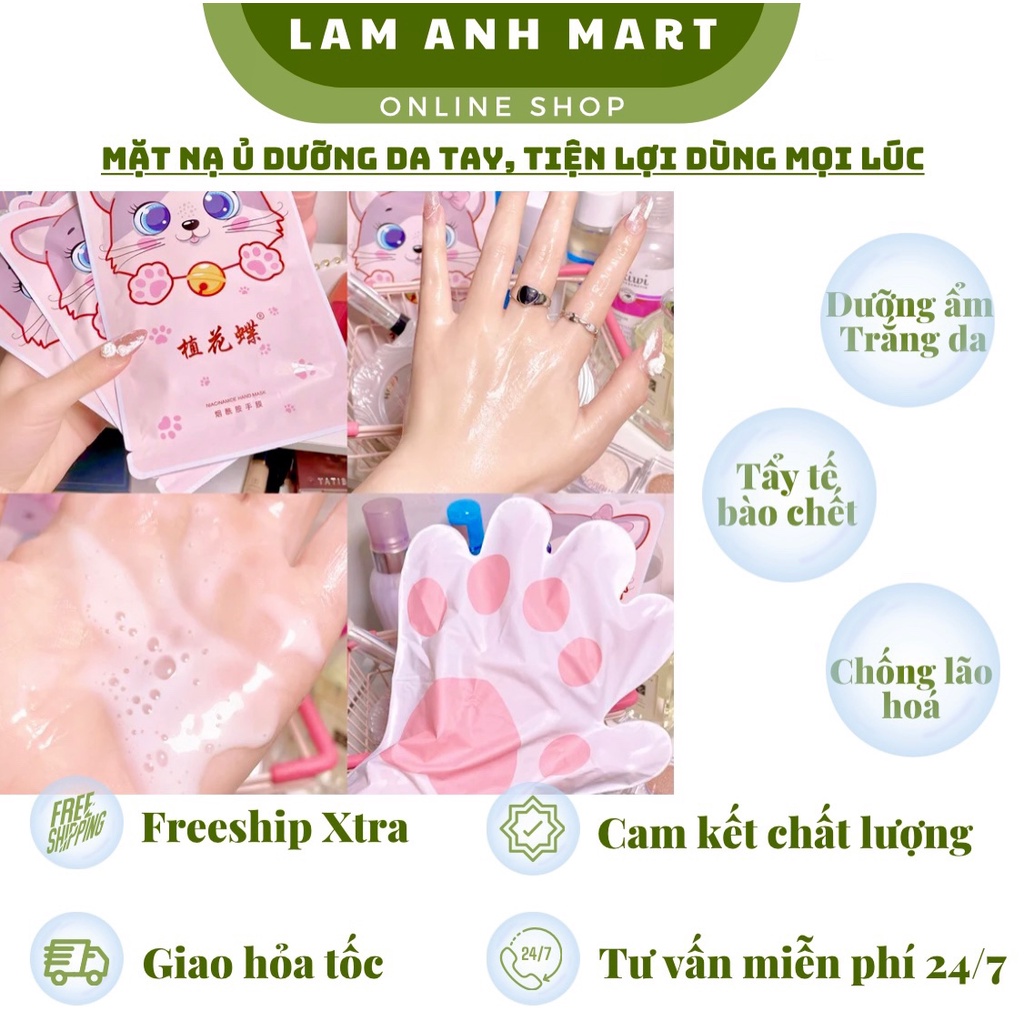 Mặt nạ ủ tay làm trắng da, dưỡng ẩm, tẩy tế bào chết, chống nếp nhăn, chống lão hóa phối bao bì chân mèo dễ thương