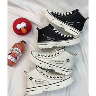 🌺Giày Nữ Cao Cổ B59/ Giày Da Trần Chỉ/ Đen Trắng/ Đế Răng Cưa 4cm