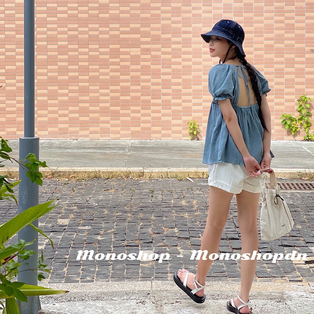 Áo babydoll bo chun tay phồng cột nơ sau hở lưng Ảnh thật/ sẵn
