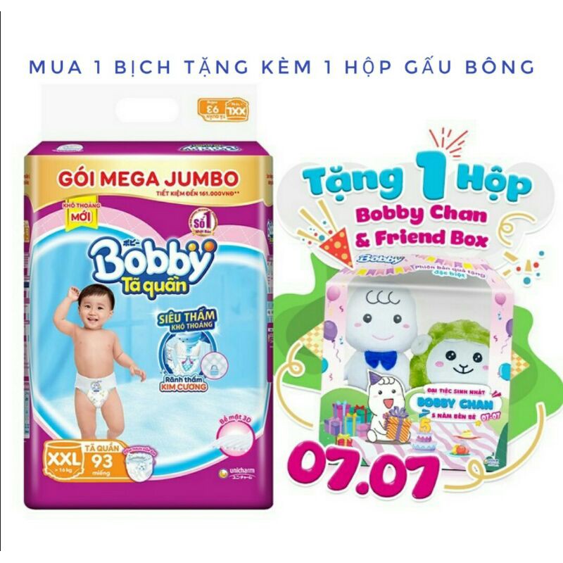 [Tặng Hộp Gấu Bobby 5 Gấu] Tã Quần Bobby Mega Jumbo Size L111, Xl102, XXl93 Miếng