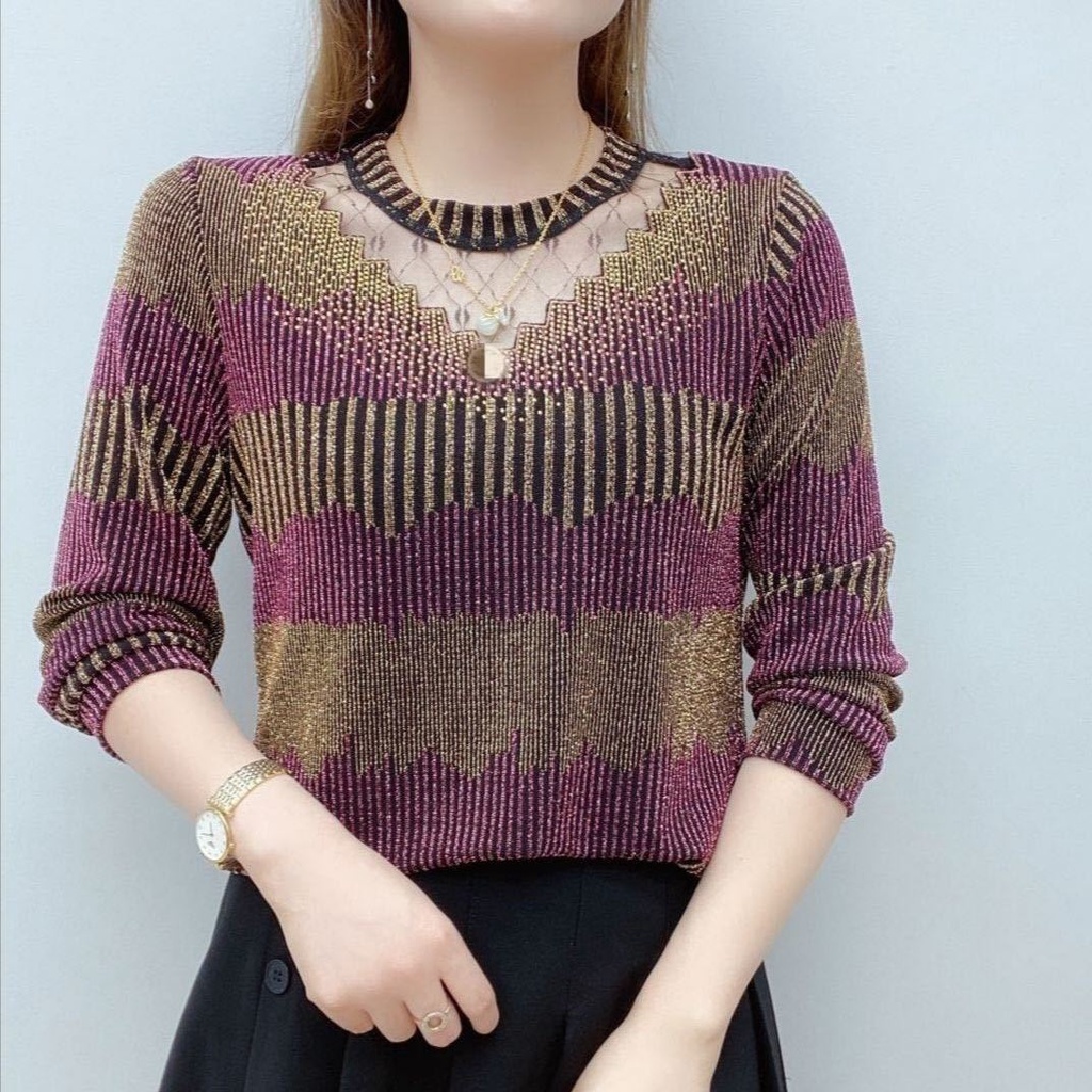 Áo Thun Tay Dài Phối Ren Dáng Rộng Thiết Kế Tinh Tế Thời Trang Mùa Thu Cho Phụ Nữ Trung Niên