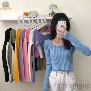 Áo Crop Top Dệt Kim Tay Dài Màu Trơn Thời Trang Cho Phụ Nữ