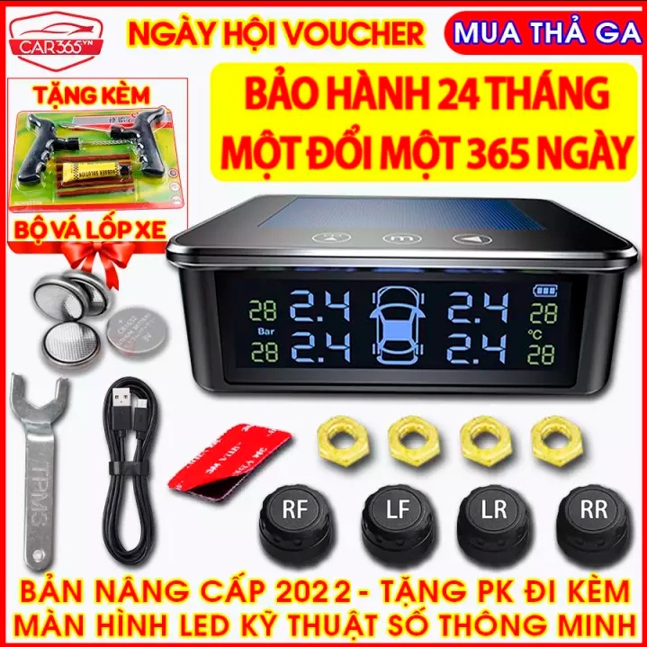 Cảm biến áp suất lốp ô tô xe hơi gắn ngoài cao cấp CAR365VN Cảnh báo tiếng Việt độc quyền - Pin mặt trời, Màn LCD