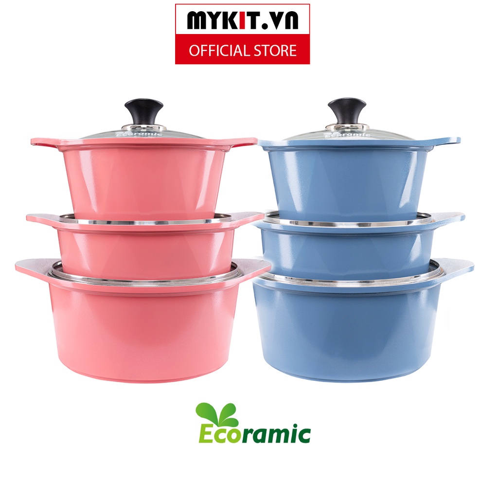Bộ 3 nồi đúc từ ecoramic  kích thước 20cm, 22cm, 24cm sài trên mọi loại bếp /tặng kèm 1 cặp nhấc nồi silicon- mykit.vn