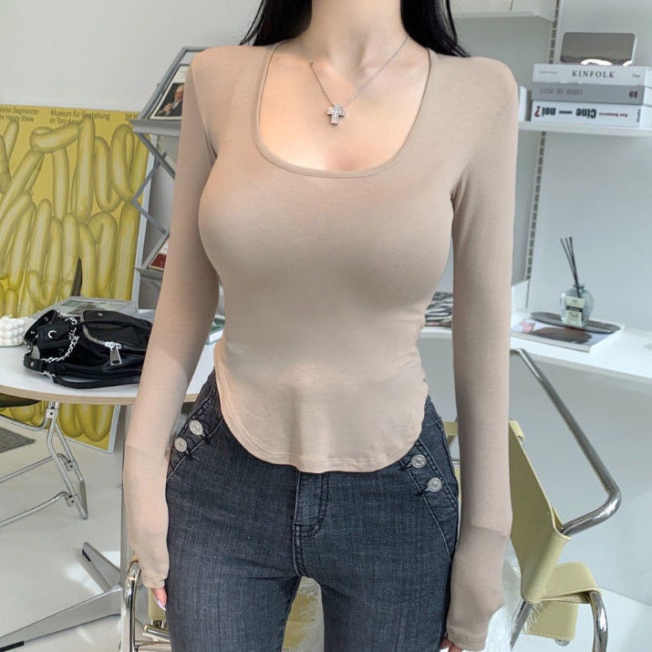 Jiashucheng Áo Thun Ngắn Ôm Eo Màu Trơn Cổ Tròn Ngực To Viền Hẹp