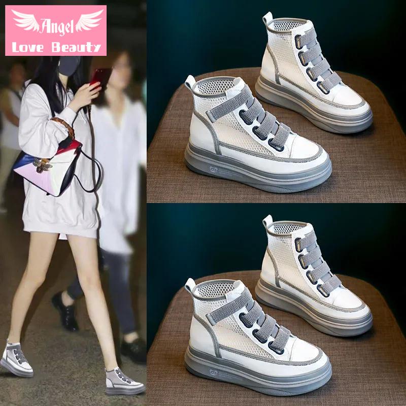 Giày Thể Thao Vải Canvas Phối Lưới Thoáng Khí Đế Dày Tăng Chiều Cao Thời Trang Mùa Thu 2021 Mới