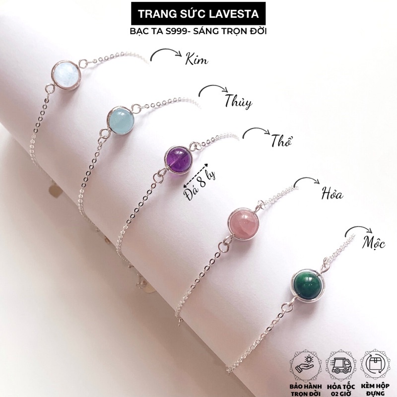 Lắc tay bạc ta nguyên chất S999 đá phong thuỷ ngũ hành 8 ly LAVESTA LA555