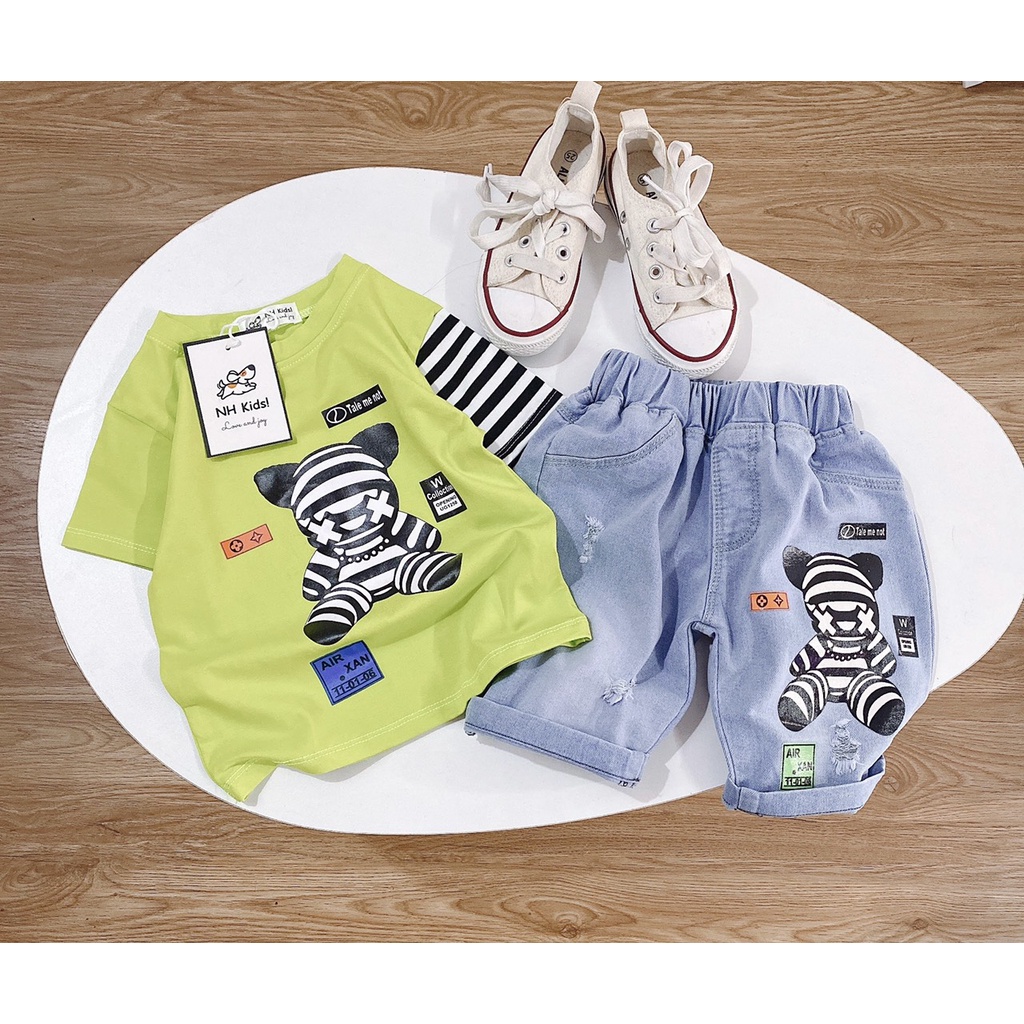 (8-28kg)hàng qc /Bộ gấu tay phối kẻ cho bé