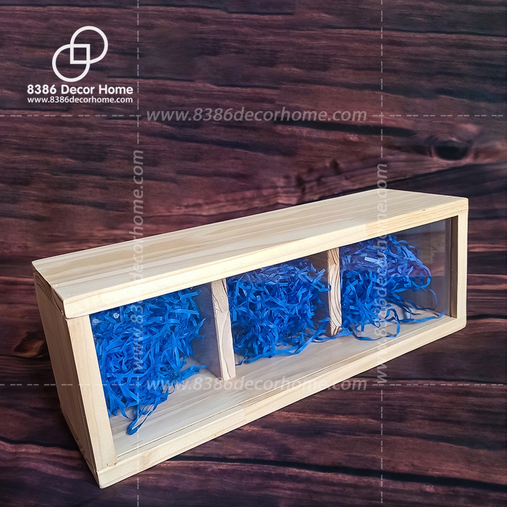 Khay gói quà bằng gỗ pallet/ hộp gỗ 3 ngăn đựng quà tết mặt mica trong suốt (nhận kích thước theo yêu cầu)