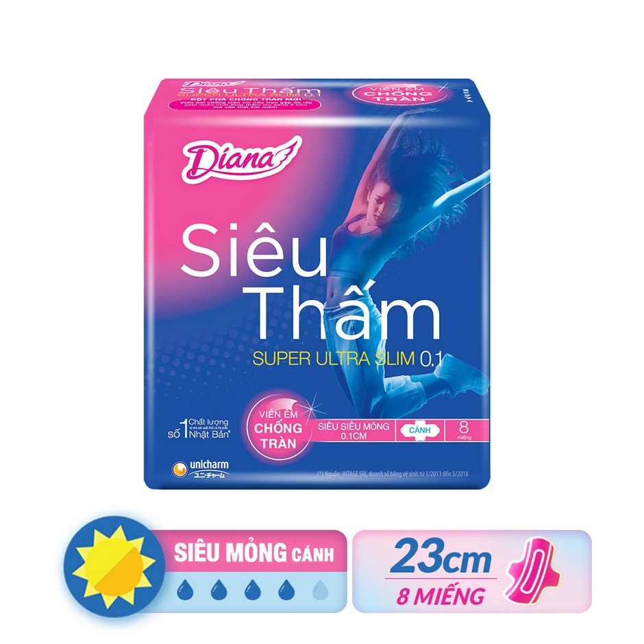 Combo 6 Băng vệ sinh Diana Siêu thấm siêu siêu mỏng 0.1cm Super Ultra Slim 8 miếng/gói X6