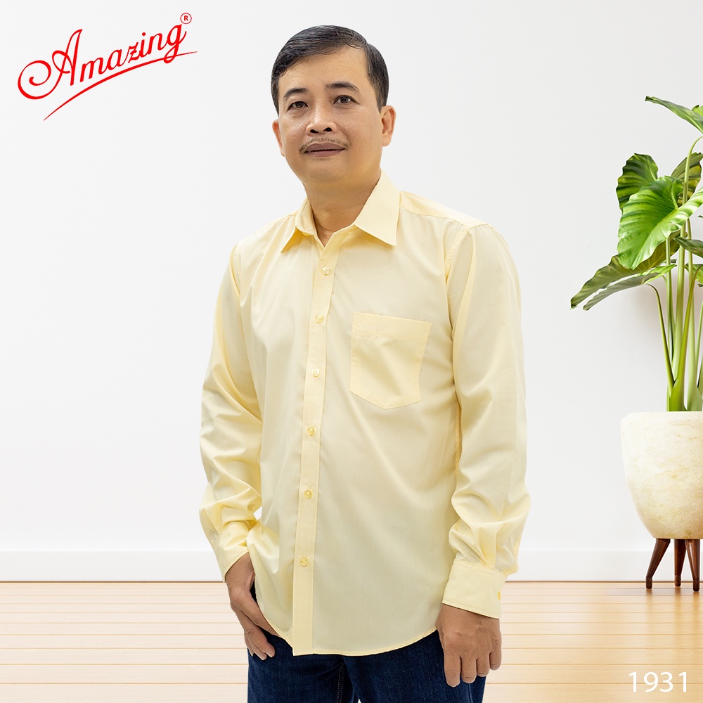 Áo sơ mi nam tay dài màu kem Amazing, vải CVC 65/35 hút mồ hôi tốt, form regular, có big size 100kg