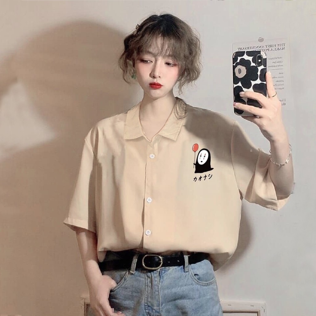 Áo sơ mi nữ cổ bẻ tay ngắn phong cách ulzzang dáng unisex freesize form rộng in hình VÔ DIỆN màu nude