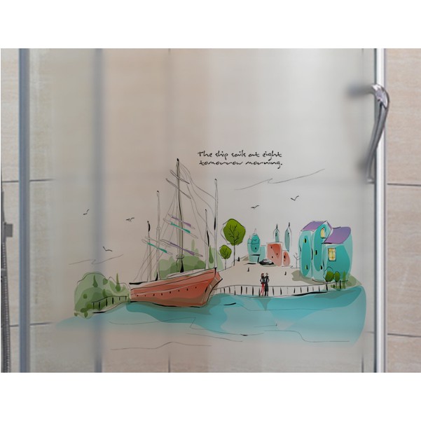 Decal trang trí kính cao cấp Thuyền lớn và nhà ven biển ( 60cm x 58cm )