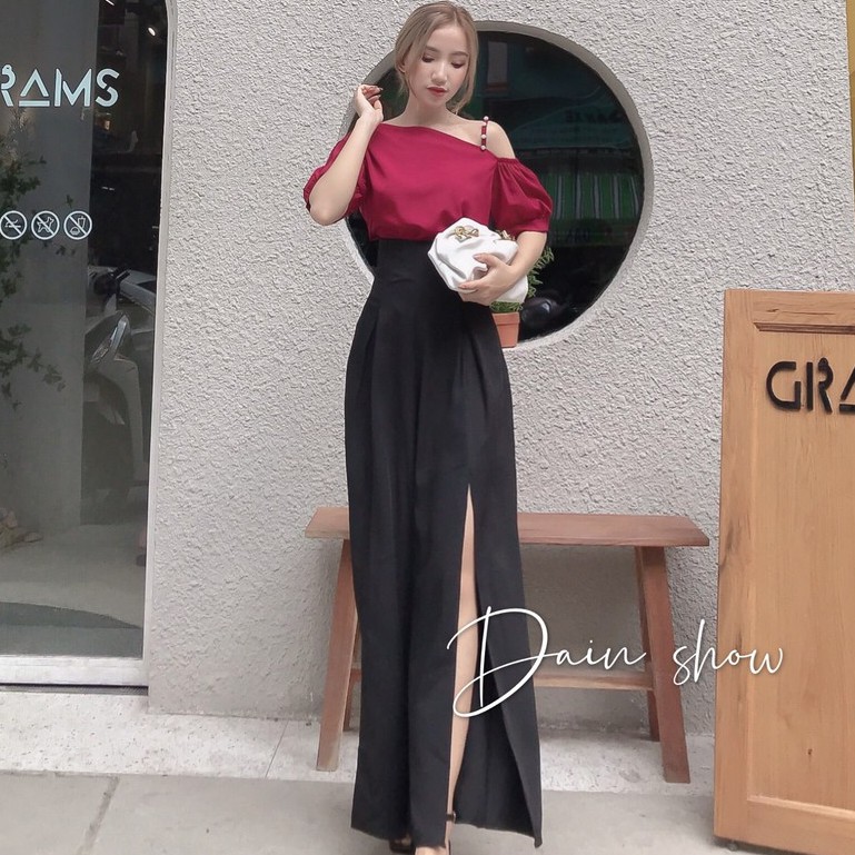 Set bộ rời MIMIX áo lệch vai tay phồng dây vai đính ngọc và quần ống rộng trơn xẻ chân BJ9195 | BigBuy360 - bigbuy360.vn