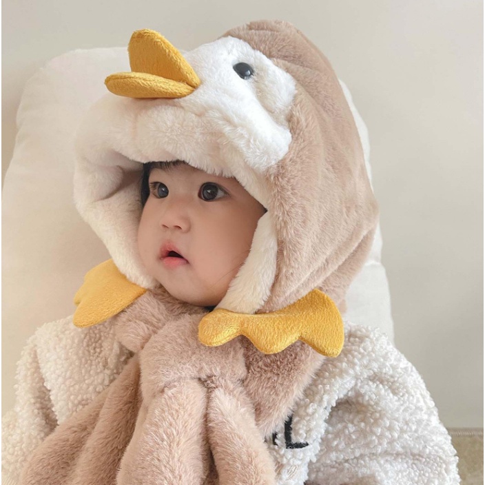 Mũ lông hình chú vịt con siêu ấm kèm khăn cho bé 1-4 tuổi