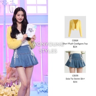 Set áo cardigan và chân váy denim buộc dây Cider giống Jang Wonyoung IVE