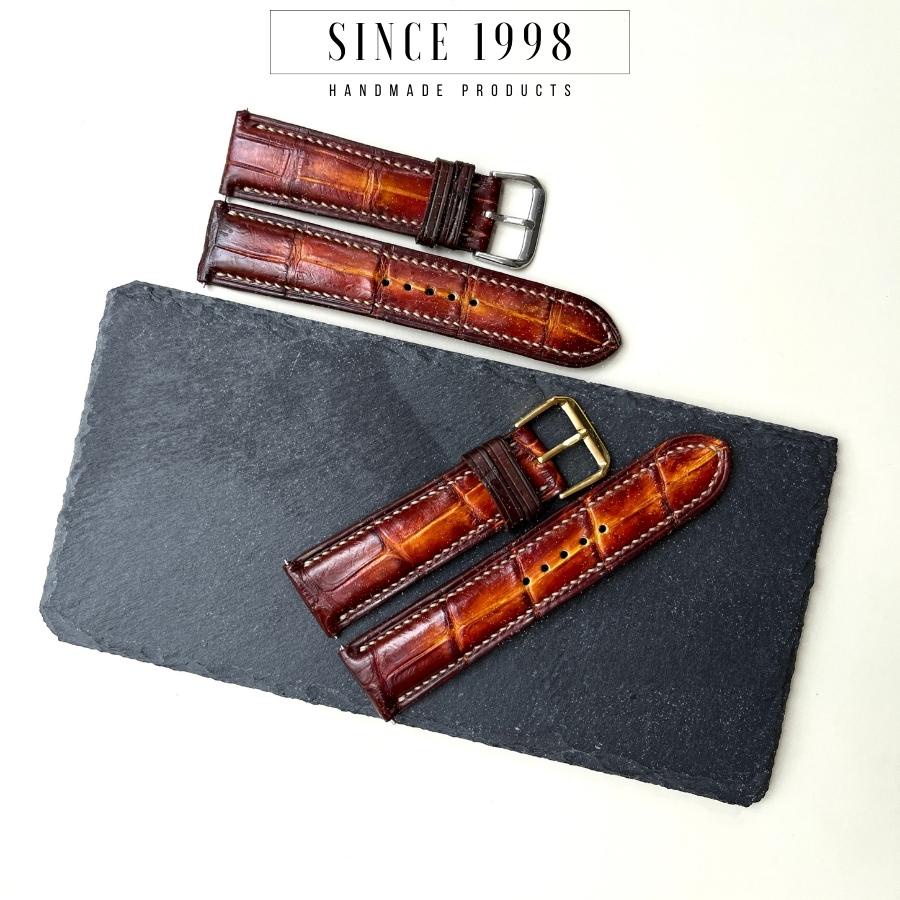 Dây Đồng Hồ Da Cá Sấu Nam 20mm 22mm, Da Thật, Handmade, Chống Nước, Chính Hãng, Màu Patina, Bảo Hành 12 Tháng
