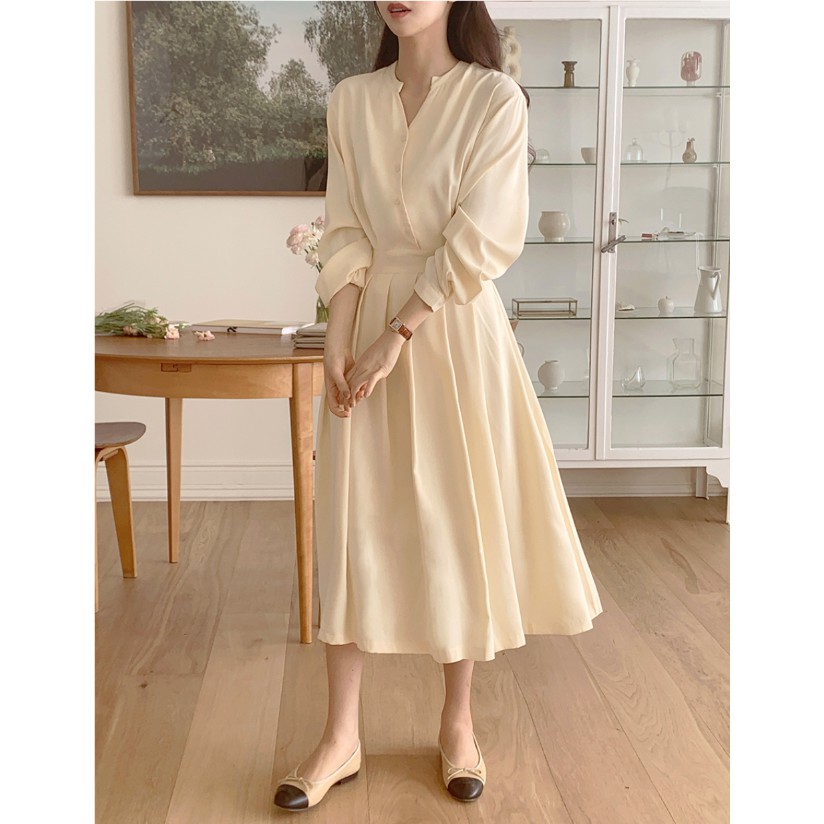 Đầm Nữ Tay Dài Cổ Chữ V Màu Trơn Phong Cách Hàn Quốc 42298
