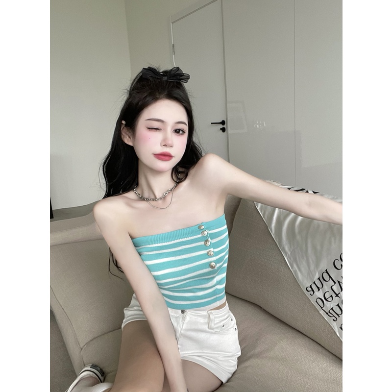 Áo Ống Dệt Kim Họa Tiết Kẻ Sọc Phong Cách Hàn Quốc Thời Trang Quyến Rũ Dành Cho Nữ