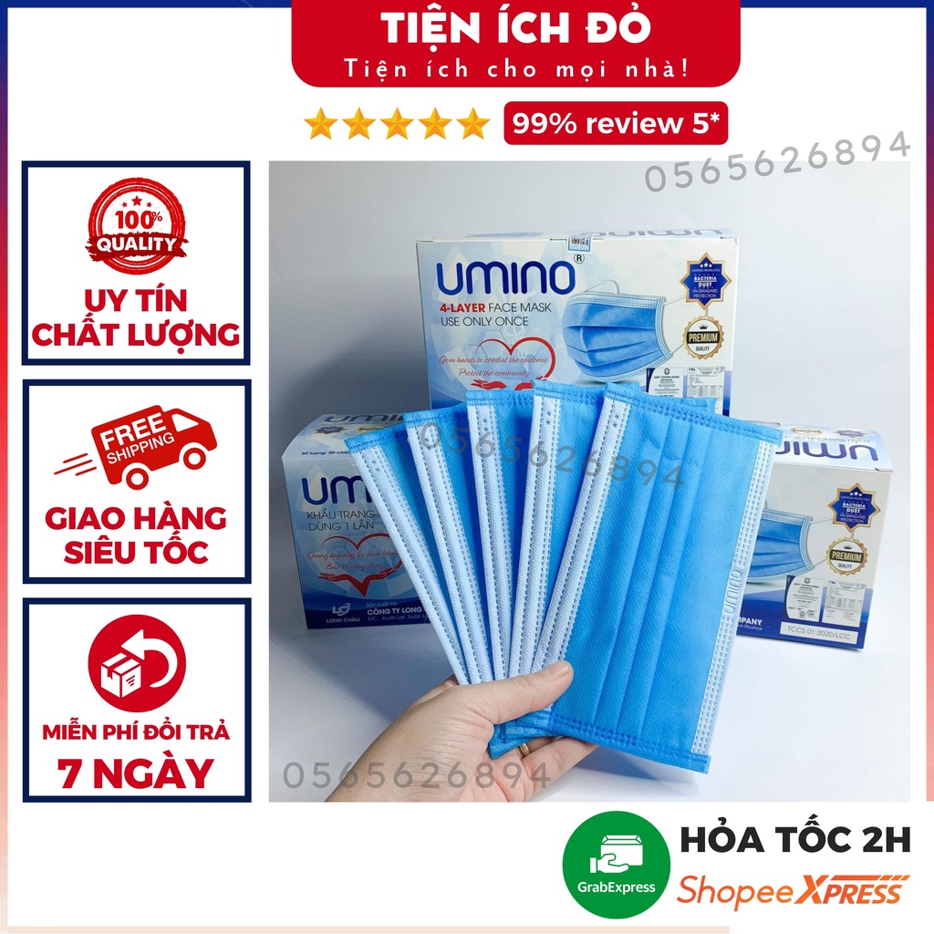 Khẩu trang y tế 4 lớp Umino màu xanh kháng khuẩn hộp 50 cái - Tiện Ích Đỏ