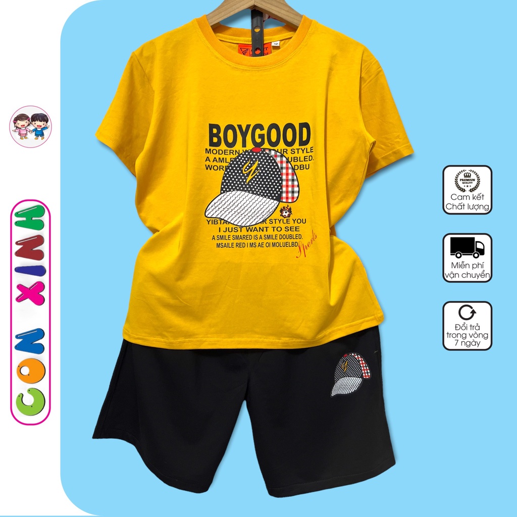 Bộ đồ bé trai Con Xinh cotton hình in chiếc mũ GOODBOY,thời trang dành cho bé từ 4 đến 10 tuổi