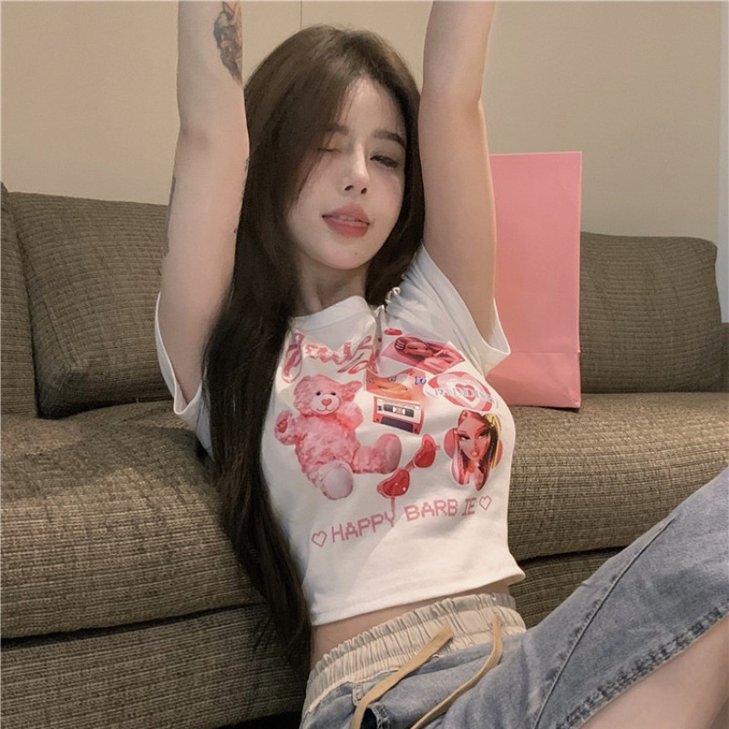 Áo Thun Tay Ngắn Dáng Ôm In Họa Tiết Hoạt Hình Dễ Thương Quyến Rũ Cho Nữ