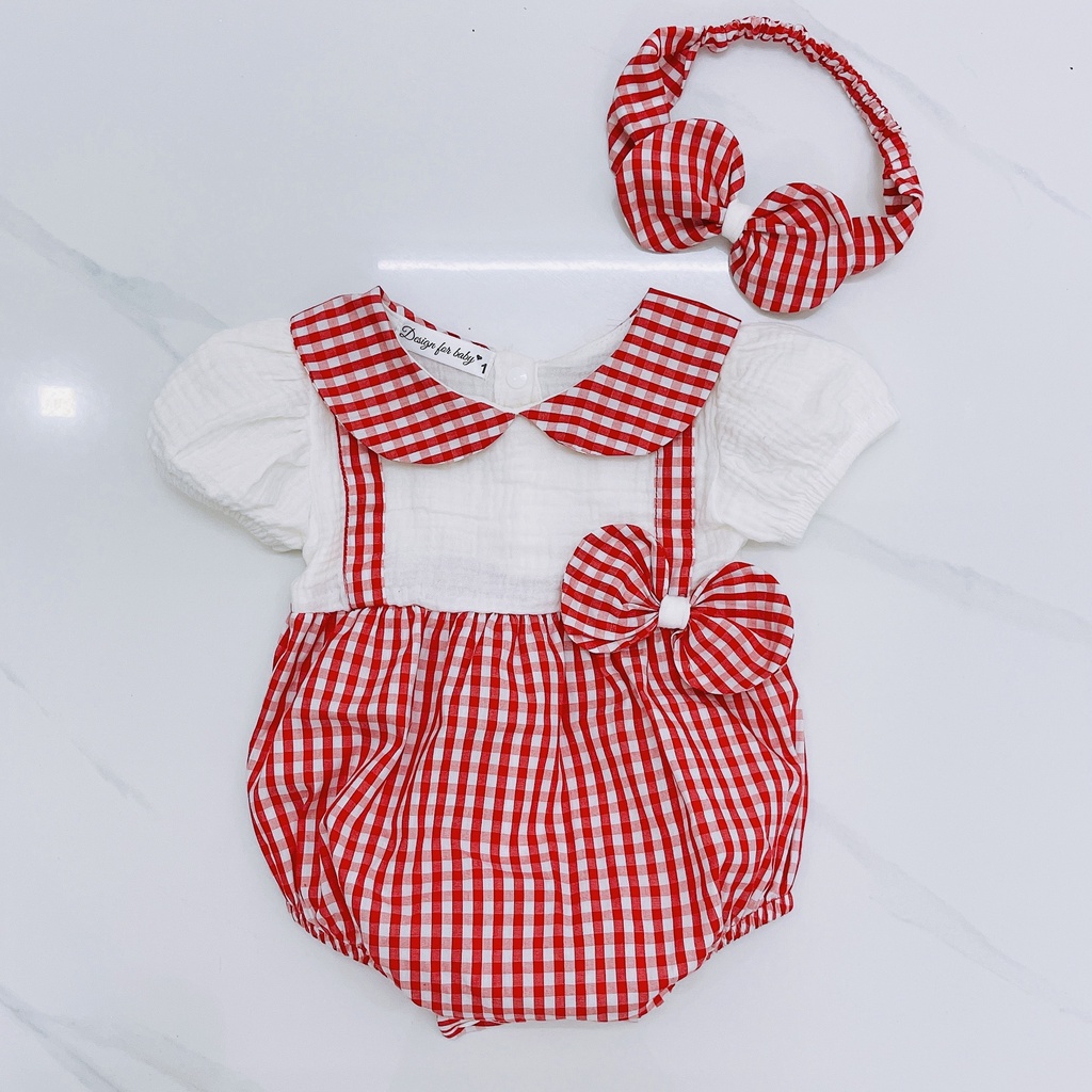 Đồ sơ sinh em bé gái Nina Kids Boutique Body yếm liền cho bé Size 0m 24m Caro đỏ phối xô muslin trắng Kèm turban