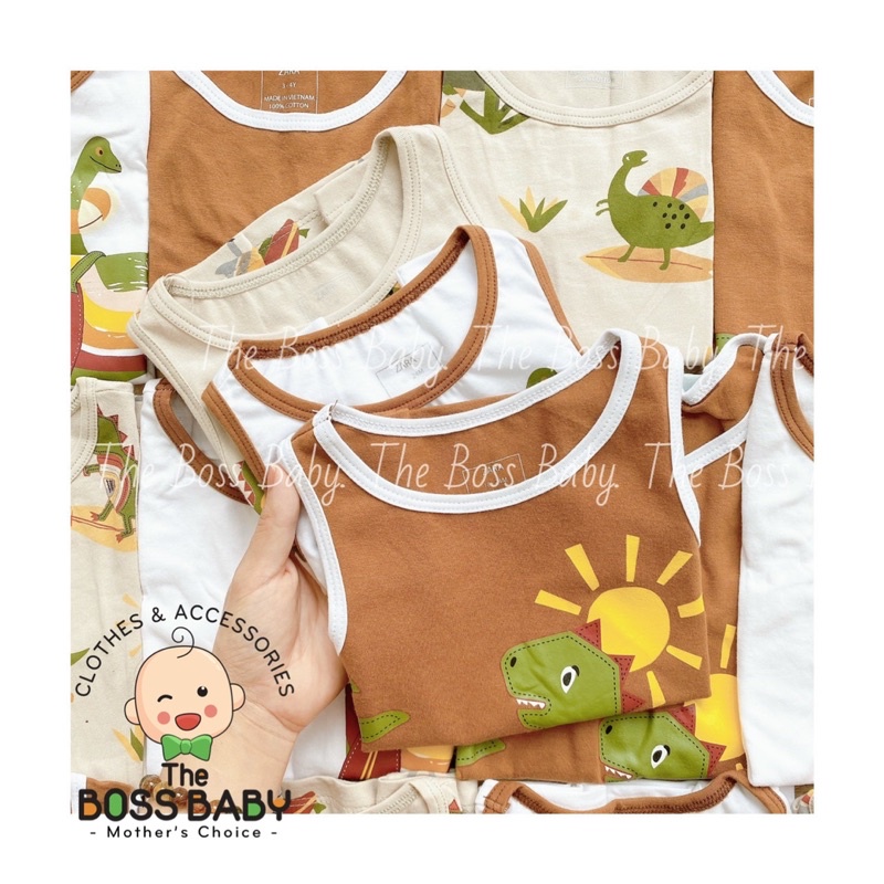 Set 3 áo sát nách hè bé trai vải cotton xuất dư hoạ tiết khủng long The Boss Baby