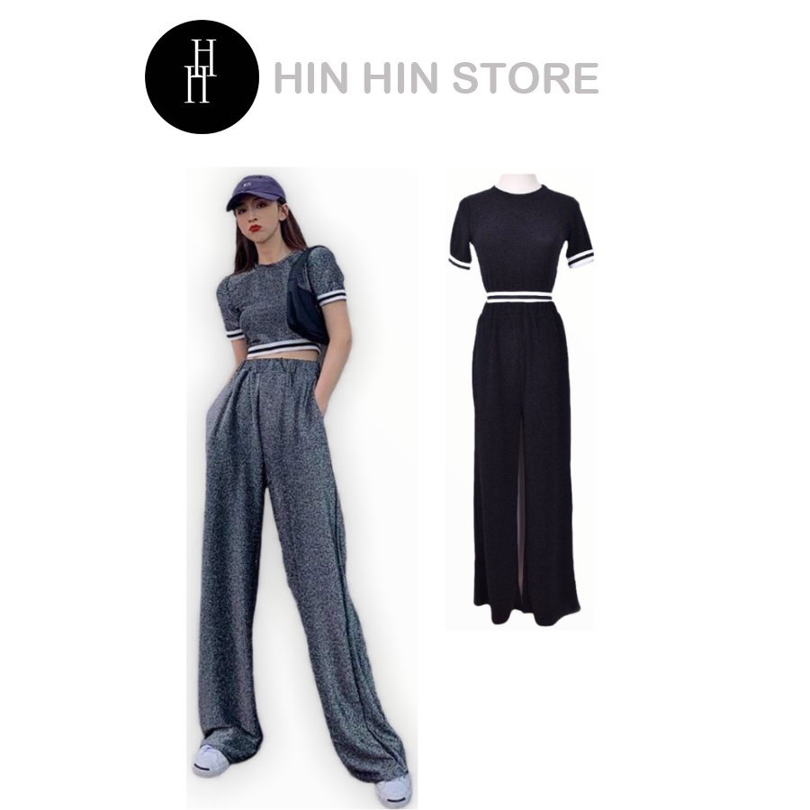 Set áo croptop tay ngắn và quần ống rộng kim sa màu đen &amp; xám H67 Hỉn Hỉn Store