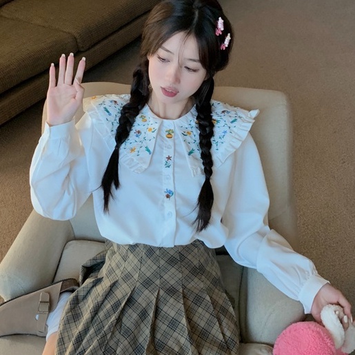 ZHELIHANGFEI Áo Sơ Mi Tay Dài Dáng Rộng Cổ Búp Bê Thêu Họa Tiết Xinh Xắn Phong Cách Nhật Bản