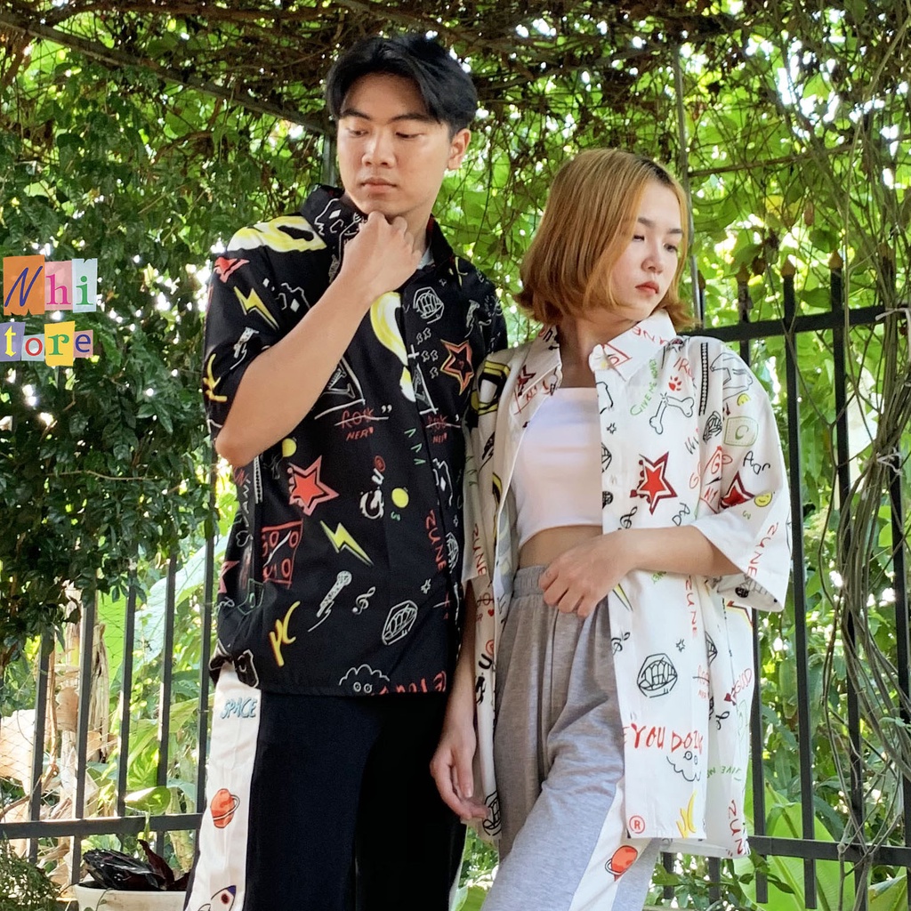 Áo Sơ Mi Hoạ Tiết Hoạt Hình Tay Lỡ Dáng Rộng Ulzzang Unisex, Sơ Mi Đi Biển - MM