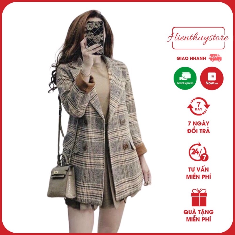 Aó Dạ Nữ Kẻ Sọc ,Aó Khoác Dạ kẻ Vest màu nâu mẫu mới hottren, thiết kế sang trọng, lịch sự