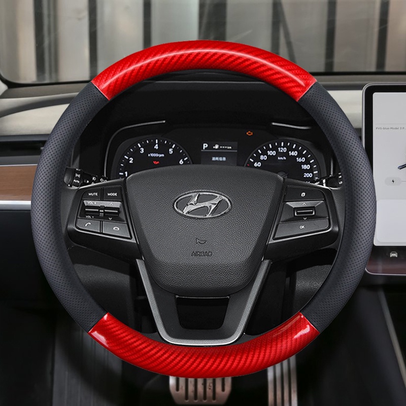 Bọc Vô Lăng Xe Hơi Bằng Da Sợi Carbon Chống Trượt 38cm Cho Hyundai i30 kona i10 i35 elantra santa fe