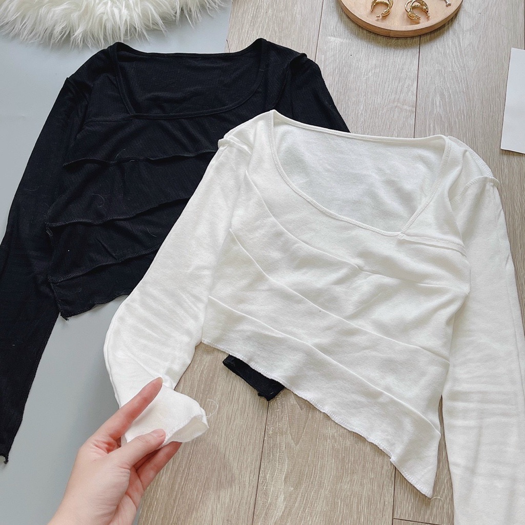 Áo kiểu croptop tay dài kiểu chéo tà cực lạ và xinh , chất thun gân mềm mịn ( ảnh thật )